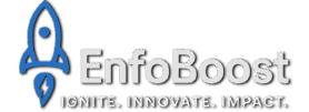 EnfoBoost logo featuring a rocket symbol and the tagline "Ignite. Innovate. Impact."